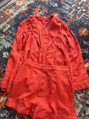 Free People Coral-Red Textured Blazer and Button-Front Shorts Set